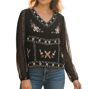 Embroidered Black Sheer Sleeve Top